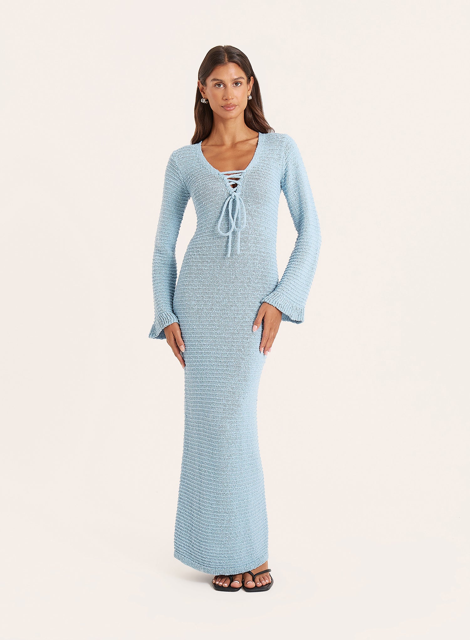 Blue Knitted Tie Front Maxi Dress